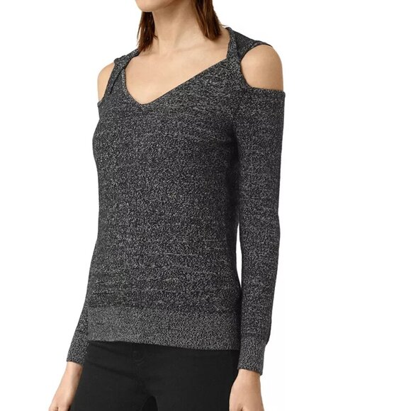 Allsaints Neri Twist Cold Shoulder Sweater Long Sleeve Blouse Knit Gray M Medium - Picture 3 of 10